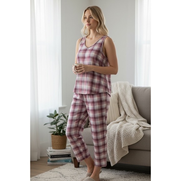 Eddie Bauer Pink 3 piece Pajama Set Plaid Tank Top Pants Shorts XL Lounge Soft - Picture 2 of 11